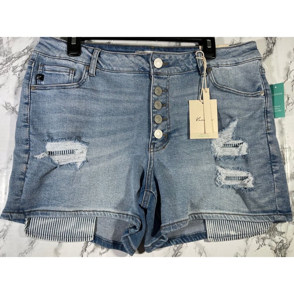 Kancan Womens High Rise Denim Shorts Size 14 Distressed Ripped Style Blue